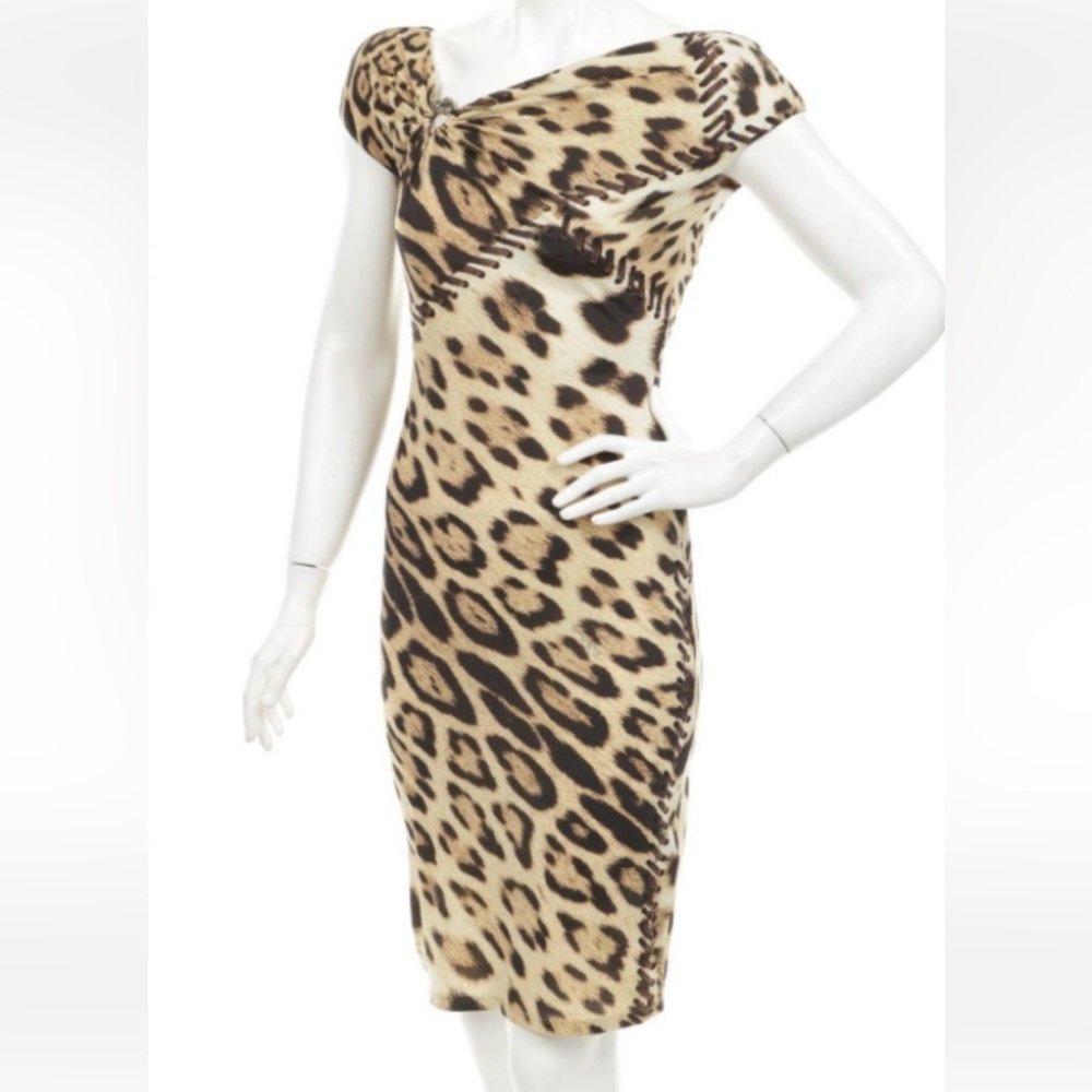 Roberto Cavalli Blue Leopard Print Dress w/ Gold & Silver Hardware Size 10/IT46